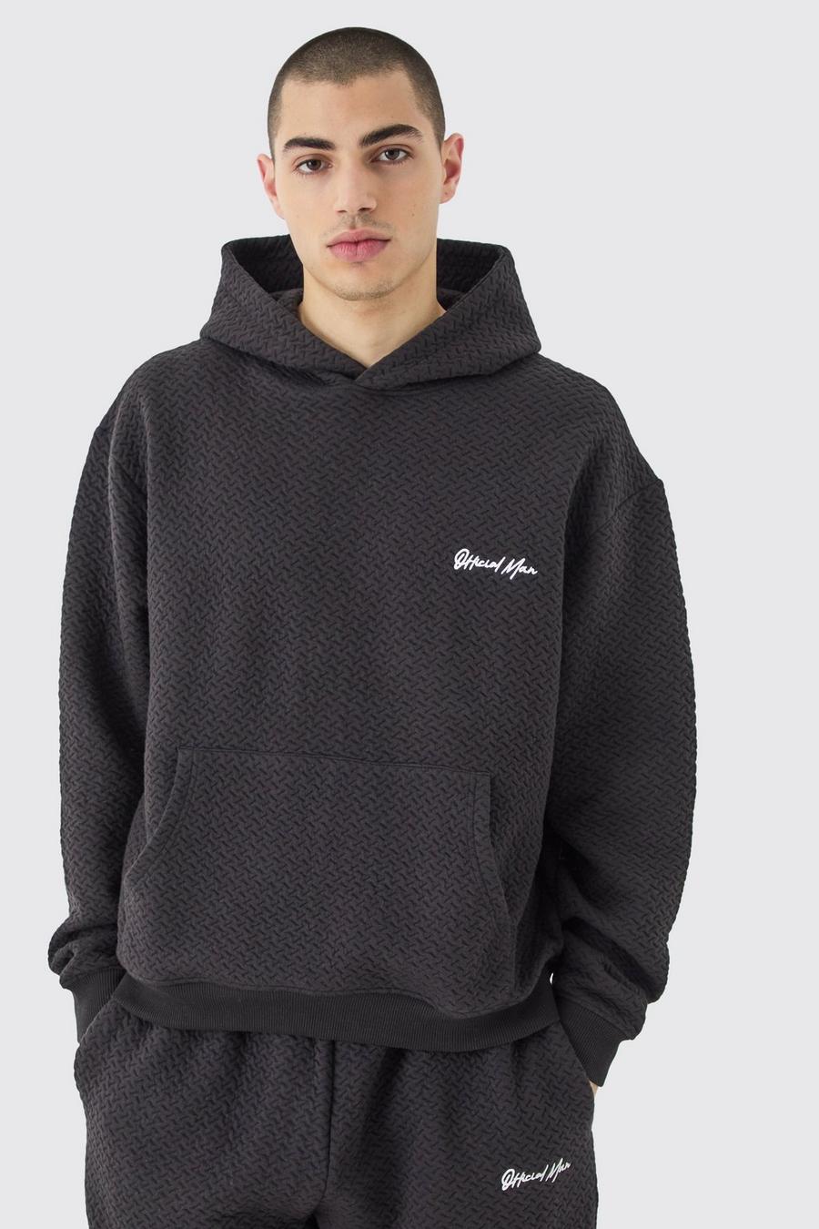 Black Oversized Boxy Jacquard Quilted Embroided Hoodie image number 1