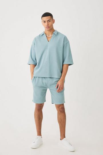 Oversized Boxy Half Sleeve V Neck Polo And Short Set slate blue