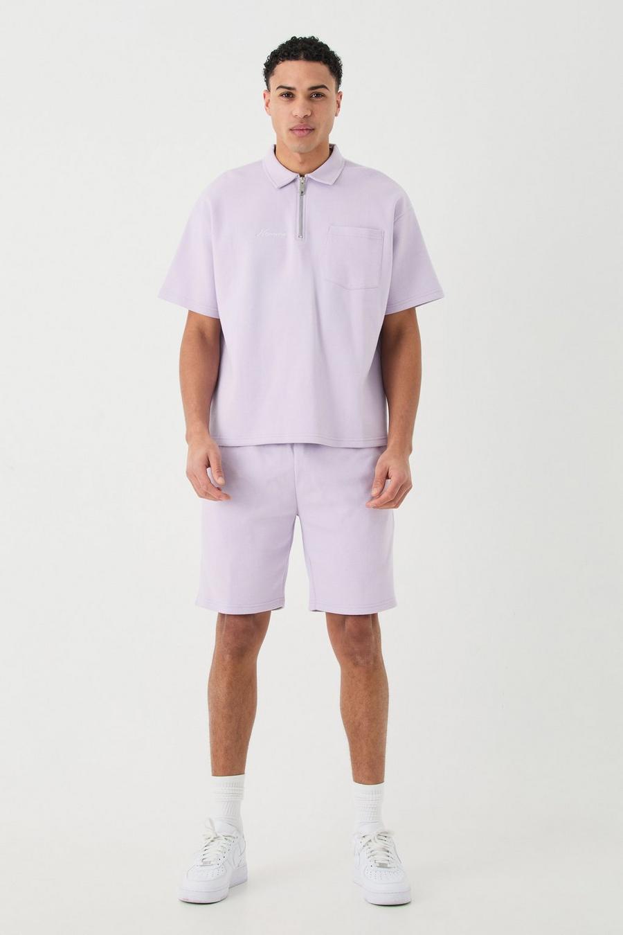 Besticktes Oversize Poloshirt mit 1/4 Reißverschluss & Shorts, Lilac