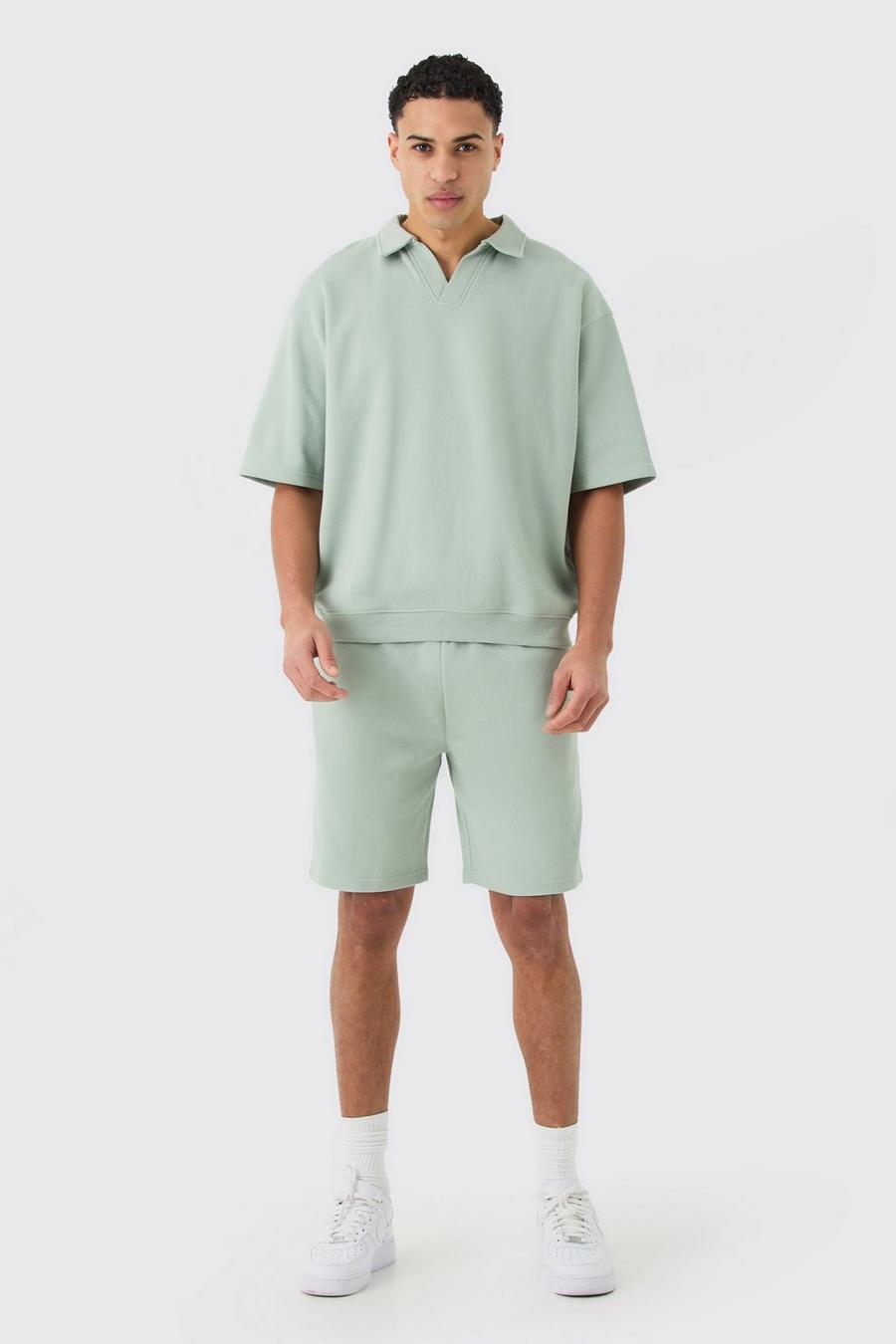 Oversize Poloshirt mit elastischem Saum & Shorts, Sage