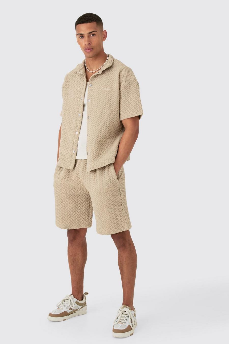 Taupe Oversized Boxy Homme Embroided Textured Polo And Short Set