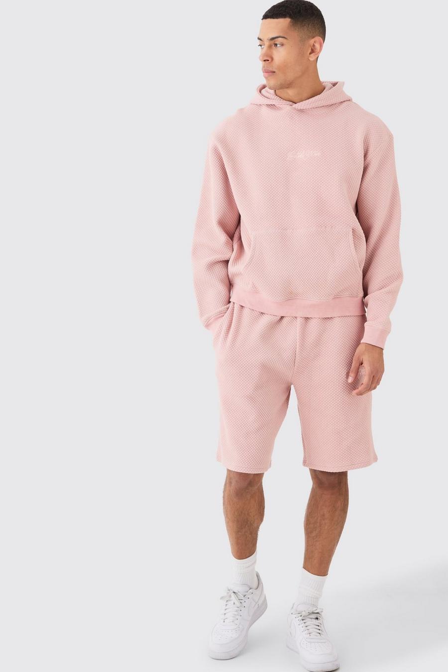 Dusty pink Oversize quiltad hoodie och shorts med brodyr image number 1