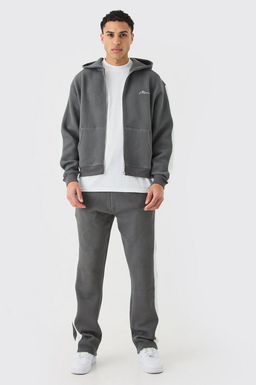Charcoal Oversized Boxy Quilted Panel Zip Thru Embroidered Tracksuit image number 1