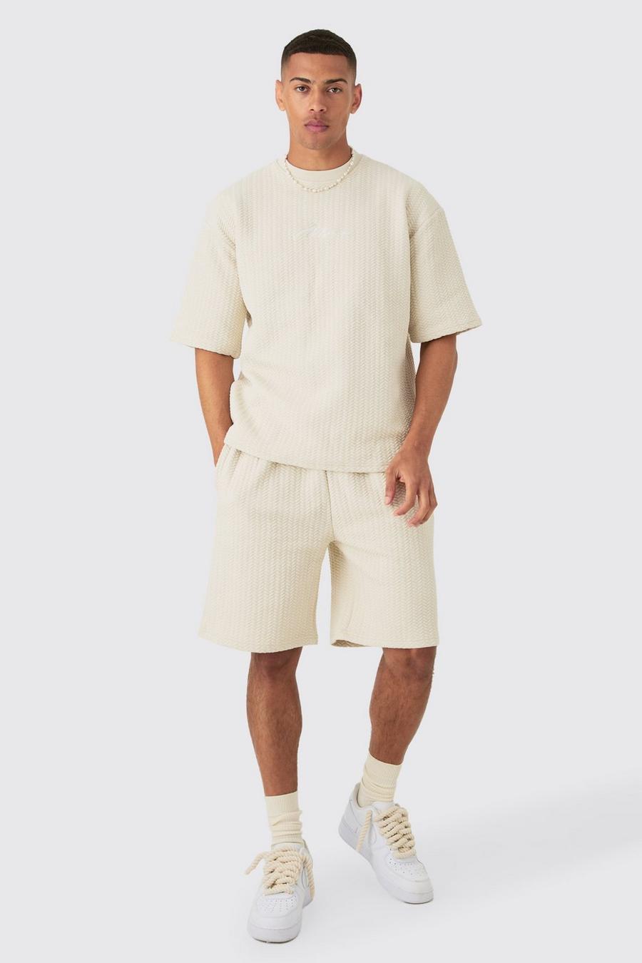 Light grey Oversized Gewatteerd Herringbone Man T-Shirt Met Stiksels En Shorts Set