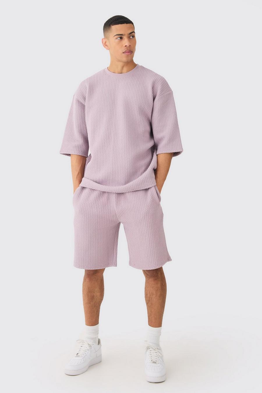 Purple Oversized Gewatteerd Herringbone Man T-Shirt Met Stiksels En Shorts Set