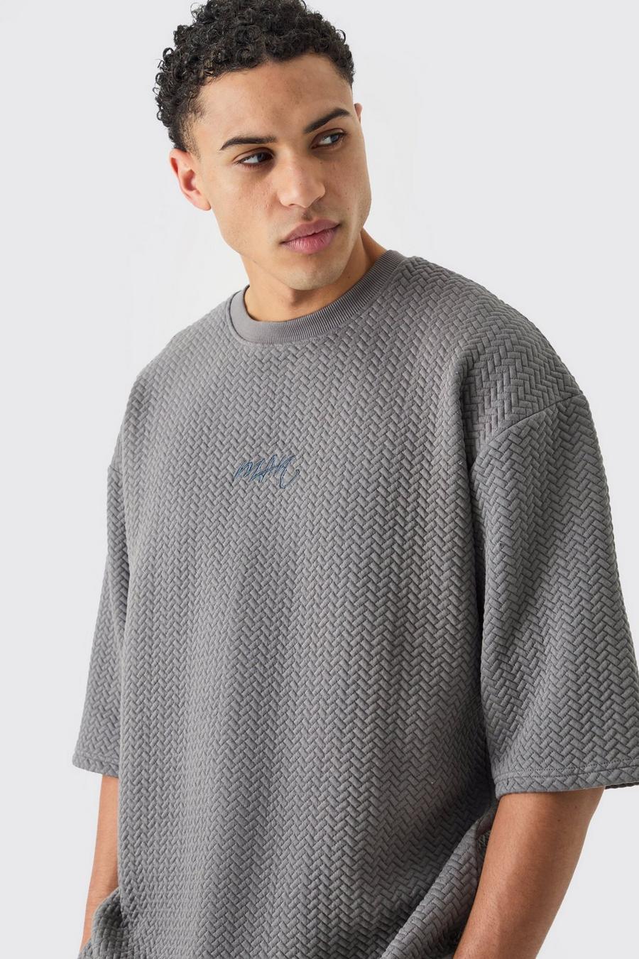 Charcoal Oversize quiltad t-shirt med fiskbensmönster image number 1