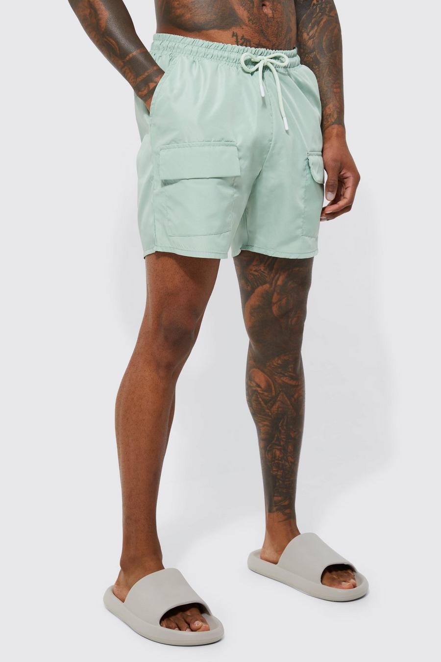 Khaki Jean Shorts de baño con estampado de cebra dividido de tejido reciclado de Reclaimed Vintage Inspired