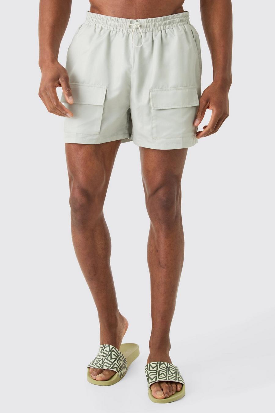 Short Length Cargo Bungee Swim Shorts, Beige