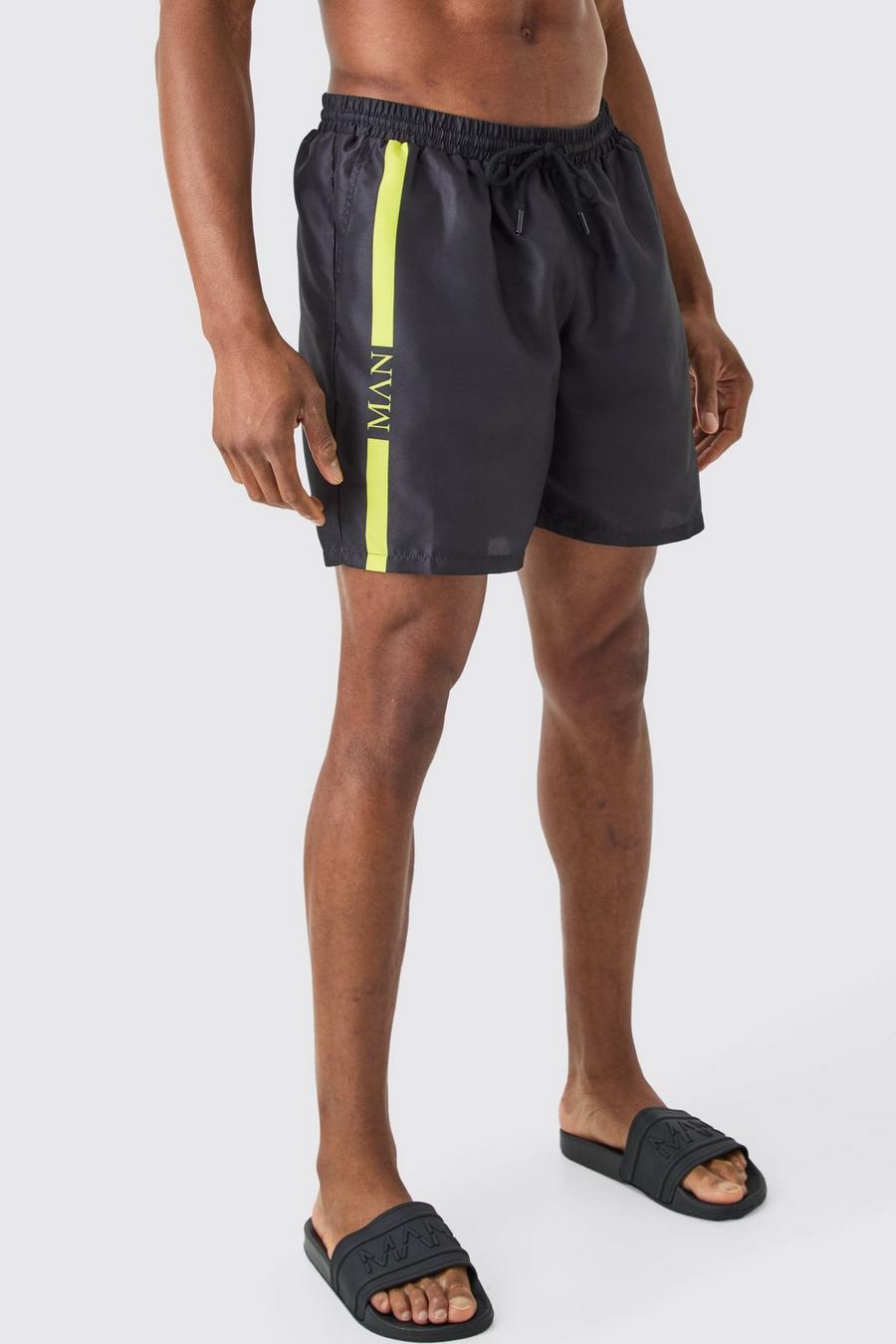 Mid Length Man Line Swim Shorts, Neon-yellow