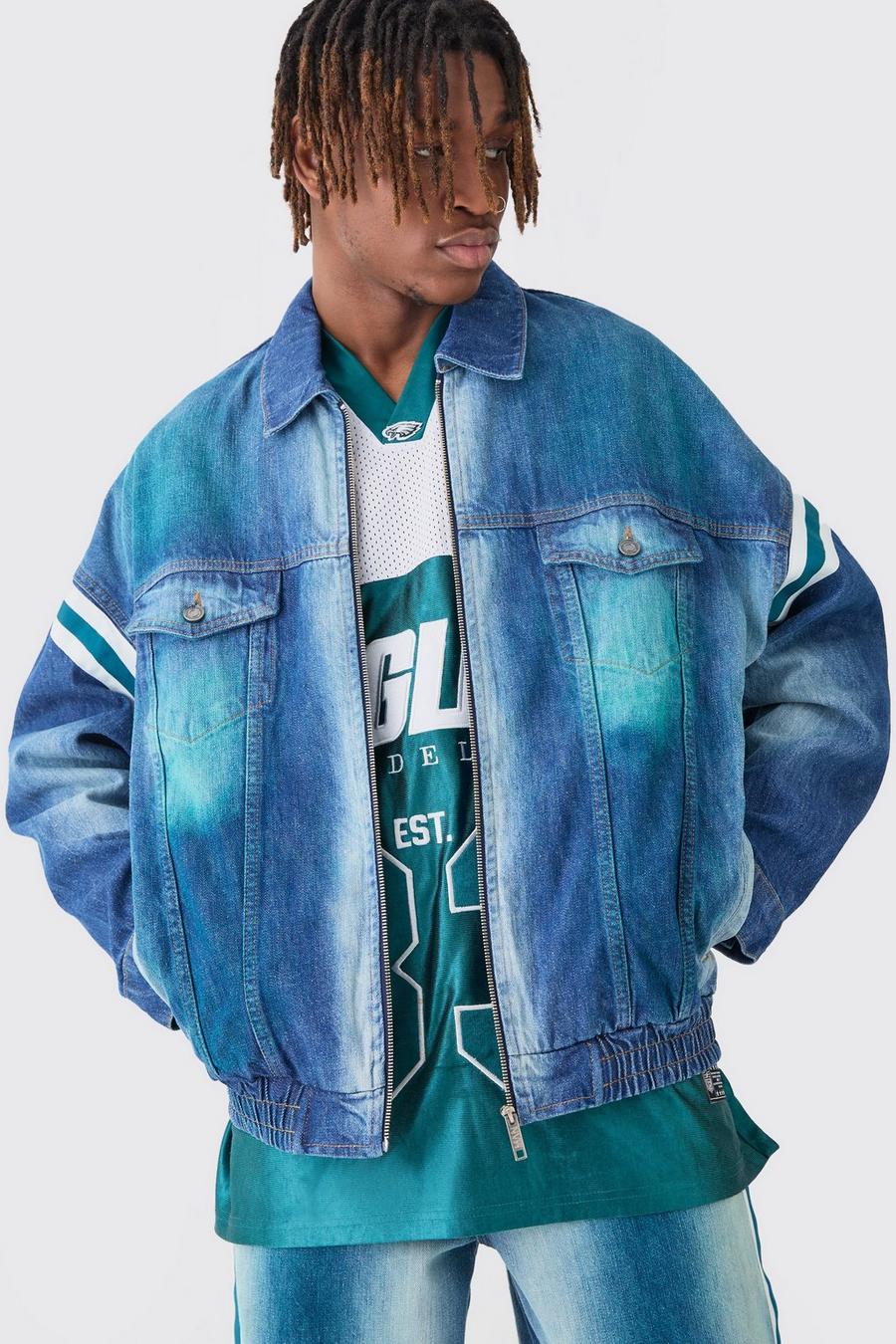 Antique blue Nfl Eagles Oversized Zip Applique Tinted Denim Jacket image number 1