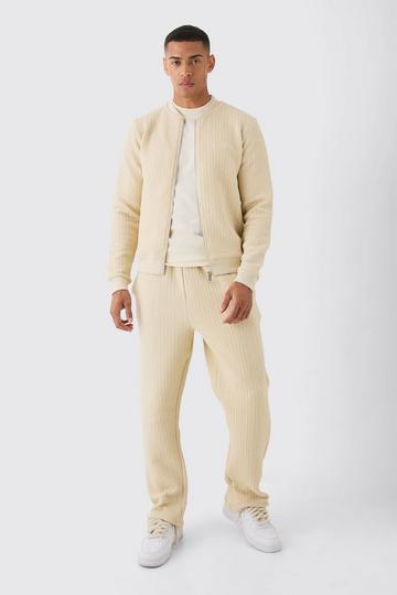 Stone Beige Boxy Quilted Herringbone Embroided Bomber Set