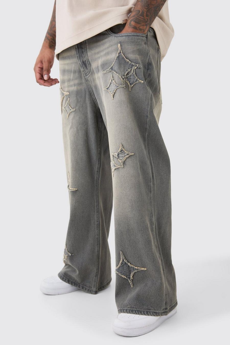 Grey Plus Relaxed Rigid Flare Applique Jean image number 1