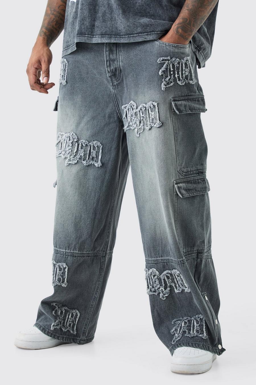 Grey Plus Baggy Rigid BM Applique Multi Pocket Cargo Jeans image number 1