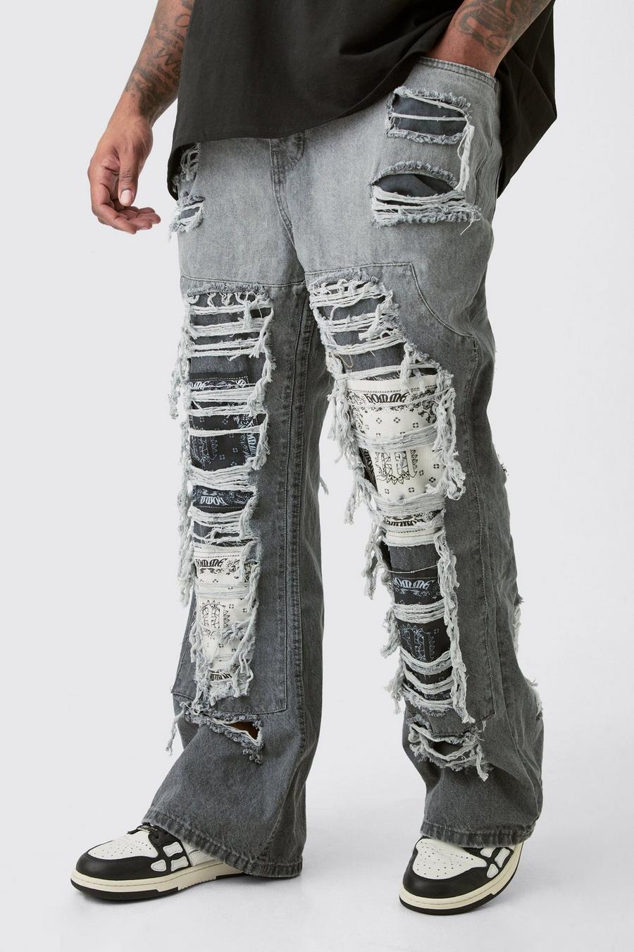 Jeans a zampa Plus Size rigidi Slim Fit con applique e strappi & rattoppi, Grey