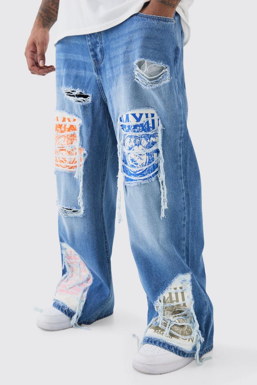 Jeans a zampa in denim rigido Plus Size rilassati con applique e strappi & rattoppi, Light blue