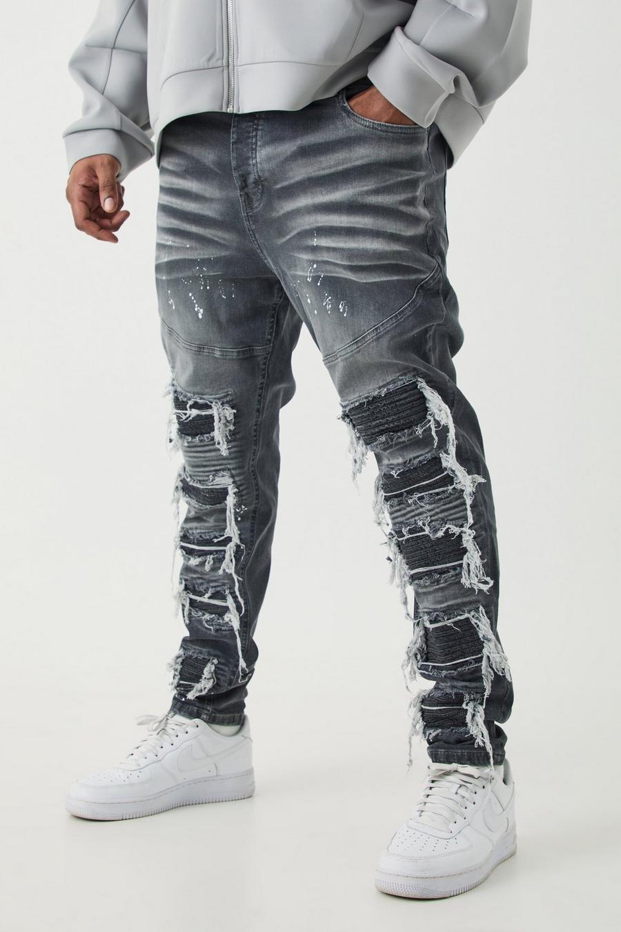 Grey Plus Super Skinny Pu Biker Rip & Repair Paint Splatter Jeans image number 1