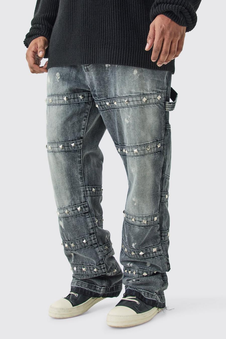 Jeans Plus Size Slim Fit in denim rigido con spalline decorate e dettagli a zampa, Charcoal