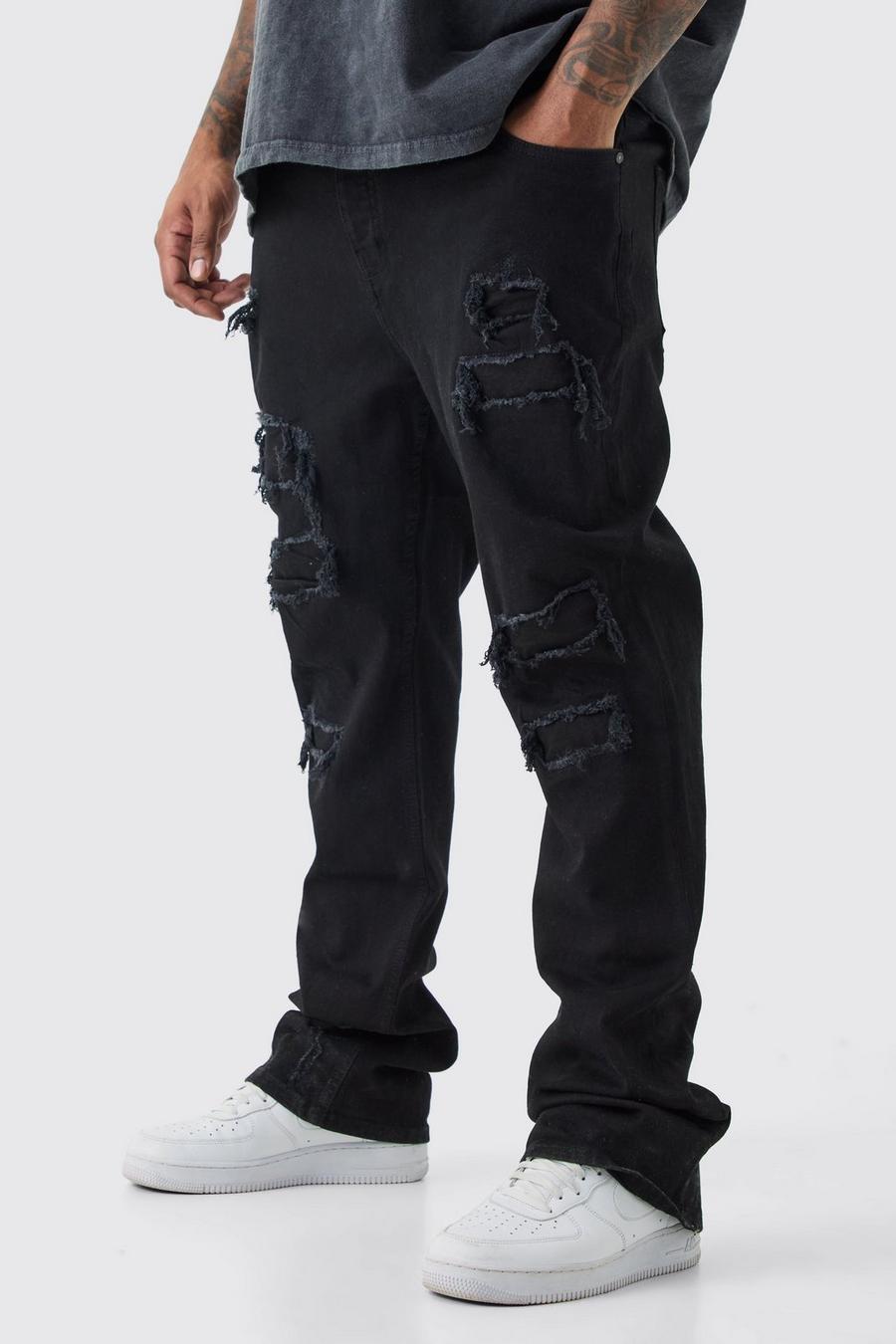 Jeans Plus Size Skinny Fit strappati con pieghe sul fondo e pieghe sul fondo, True black
