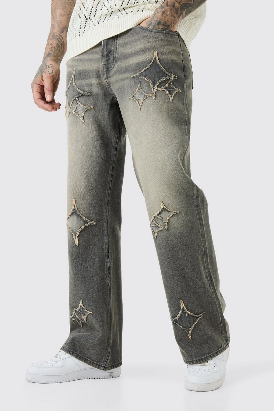 Grey Tall Relaxed Rigid Flare Self Fabric Applique Gusset Jeans