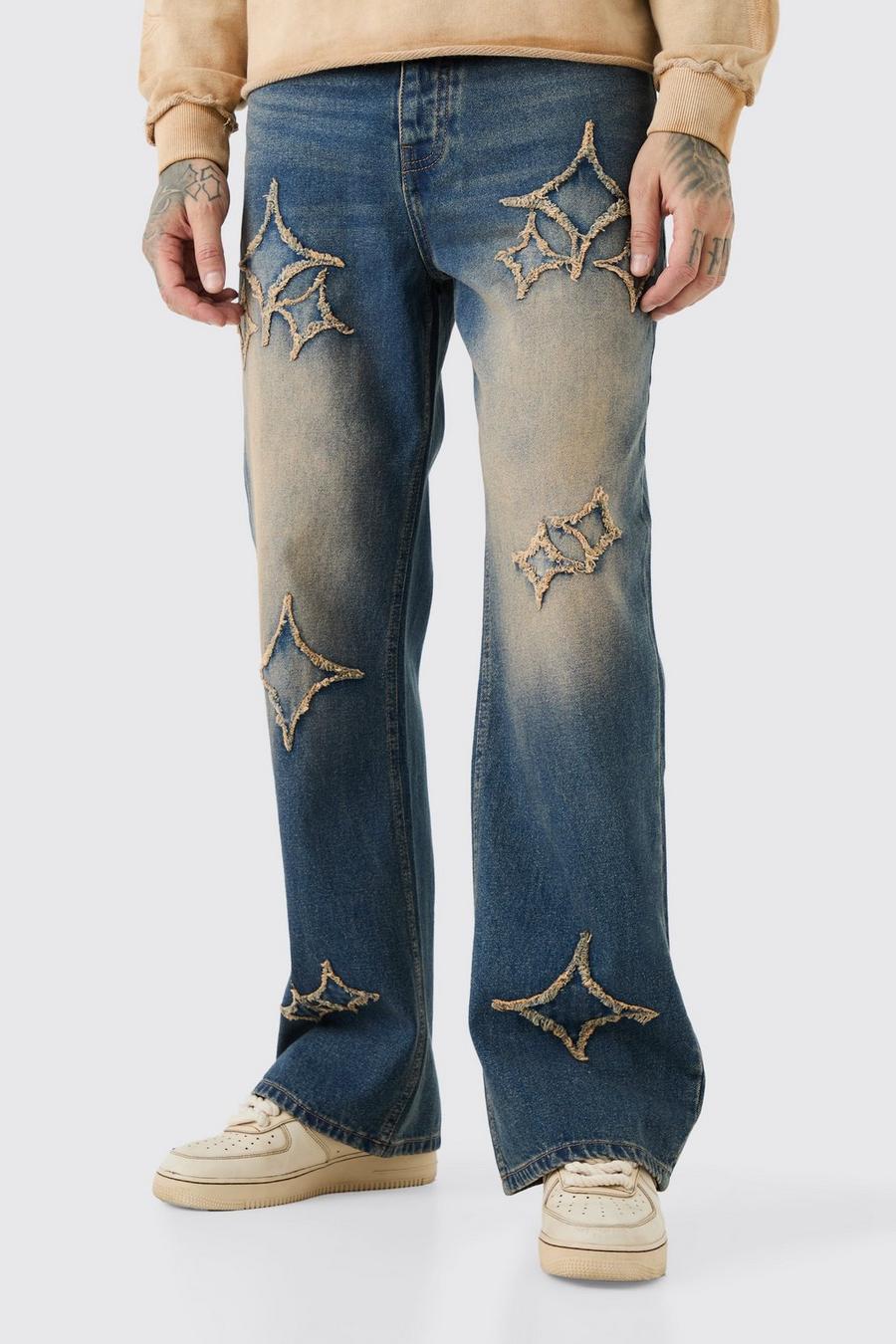 Jeans Tall rilassati a zampa in tessuto rigido con applique e inserti, Antique wash
