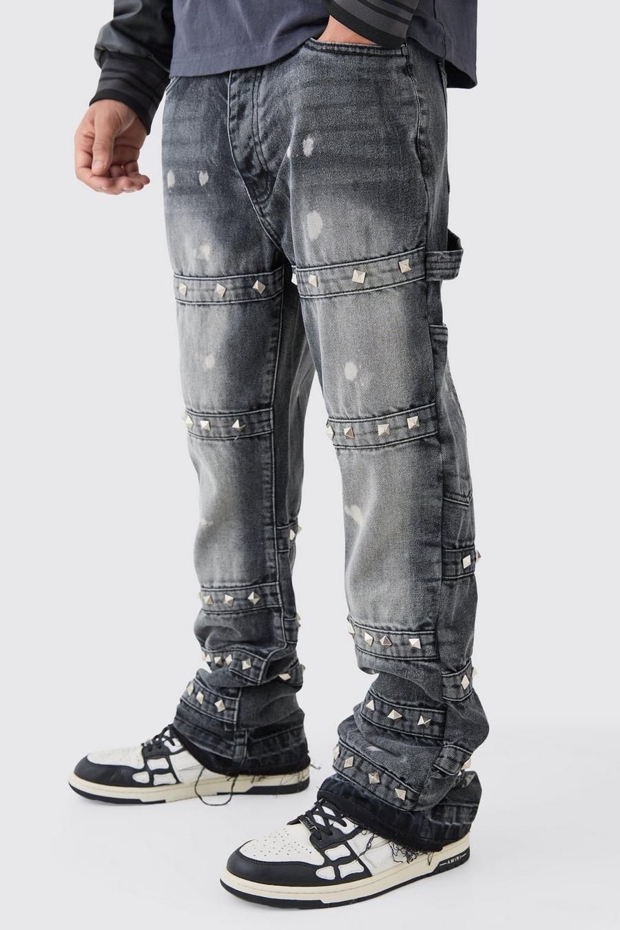 Jeans Tall Slim Fit in denim rigido decorato con fascette a zampa, Charcoal image number 1
