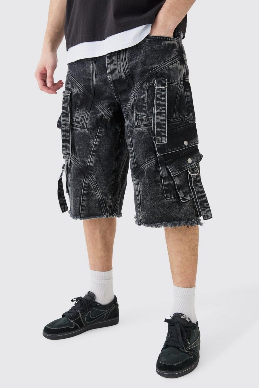Washed black Tall Oversized Strap And Buckle Detail Denim Jorts