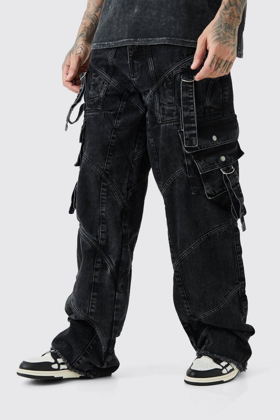 Washed black Tall Baggy Rigid Strap And Buckle Detail Jeans image number 1