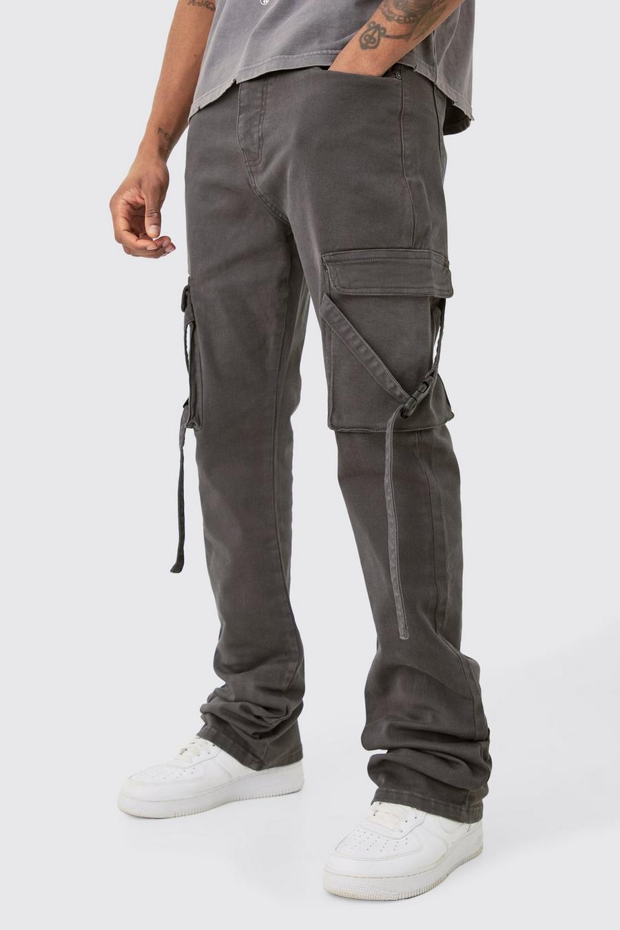 Pantaloni Cargo Tall Slim Fit con vita fissa, pieghe sul fondo e spalline svasate, Charcoal