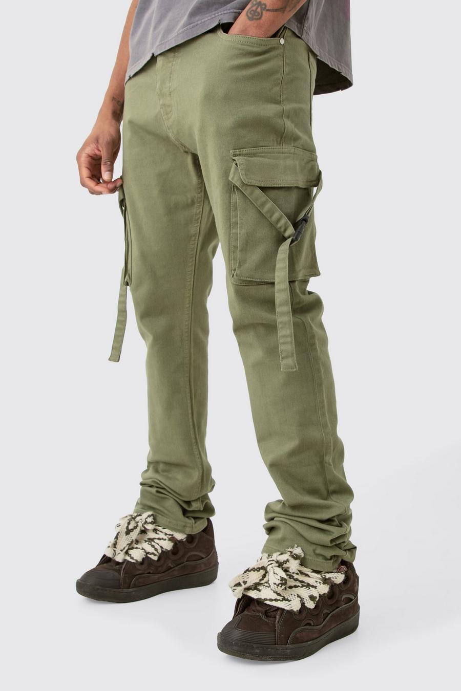 Pantaloni Cargo Tall Slim Fit con vita fissa, pieghe sul fondo e spalline svasate, Olive image number 1