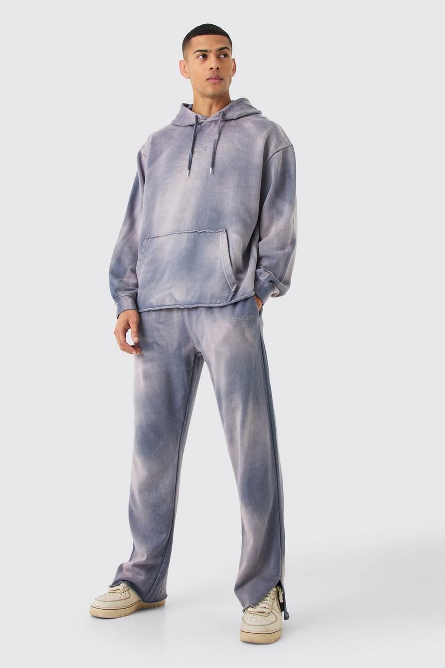 Purple Man Embroidery Oversized Sun Bleached Wash Hooded Tracksuit image number 1