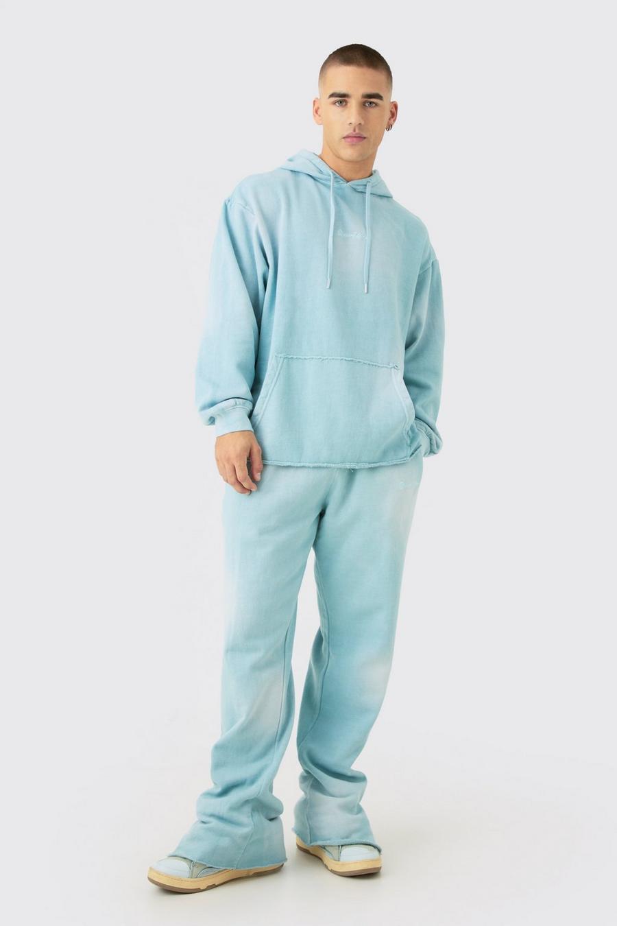 Light blue Man Embroidery Oversized Sun Bleached Wash Hooded Tracksuit image number 1