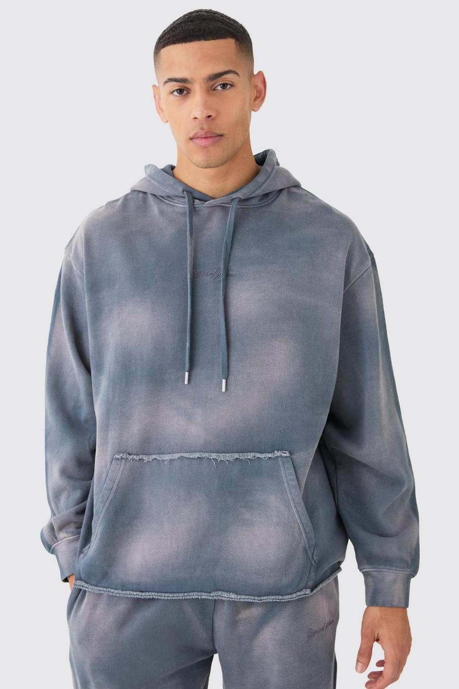Charcoal MAN Oversize hoodie med blekt effekt och brodyr image number 1