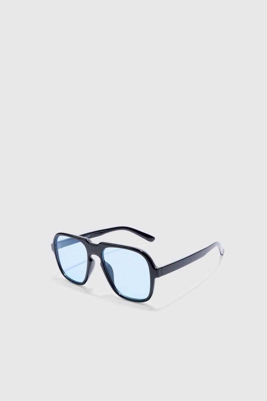 Black Retro High Brow Sunglasses With Blue Lens image number 1
