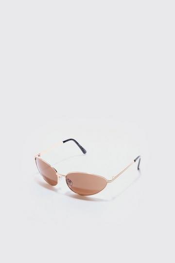 Angled Metal Sunglasses With Brown Lens In Gold gold