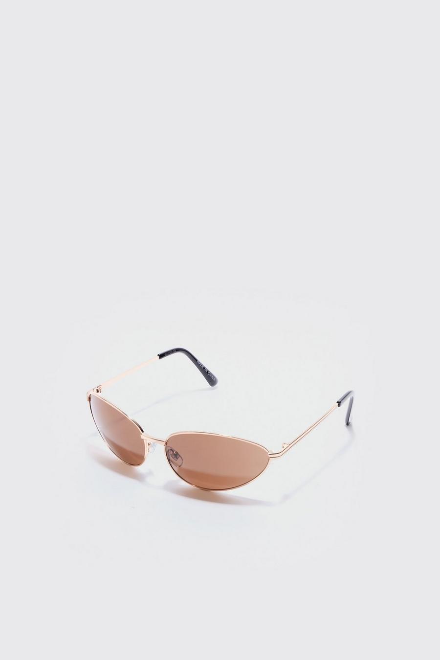 Angled Metal Sunglasses With Brown Lens In Gold