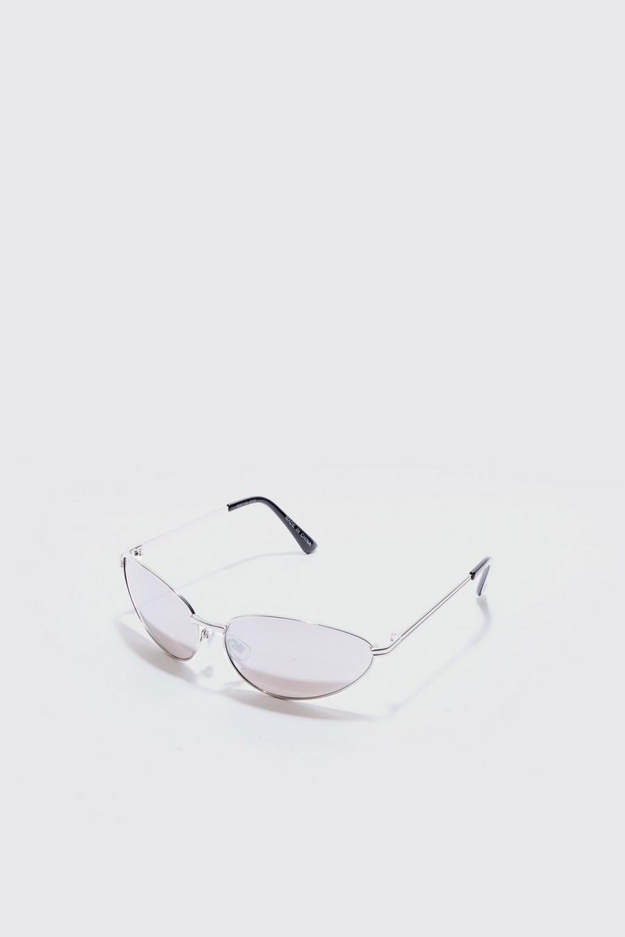 Gafas de sol inclinadas metálicas con lentes plateadas, Silver