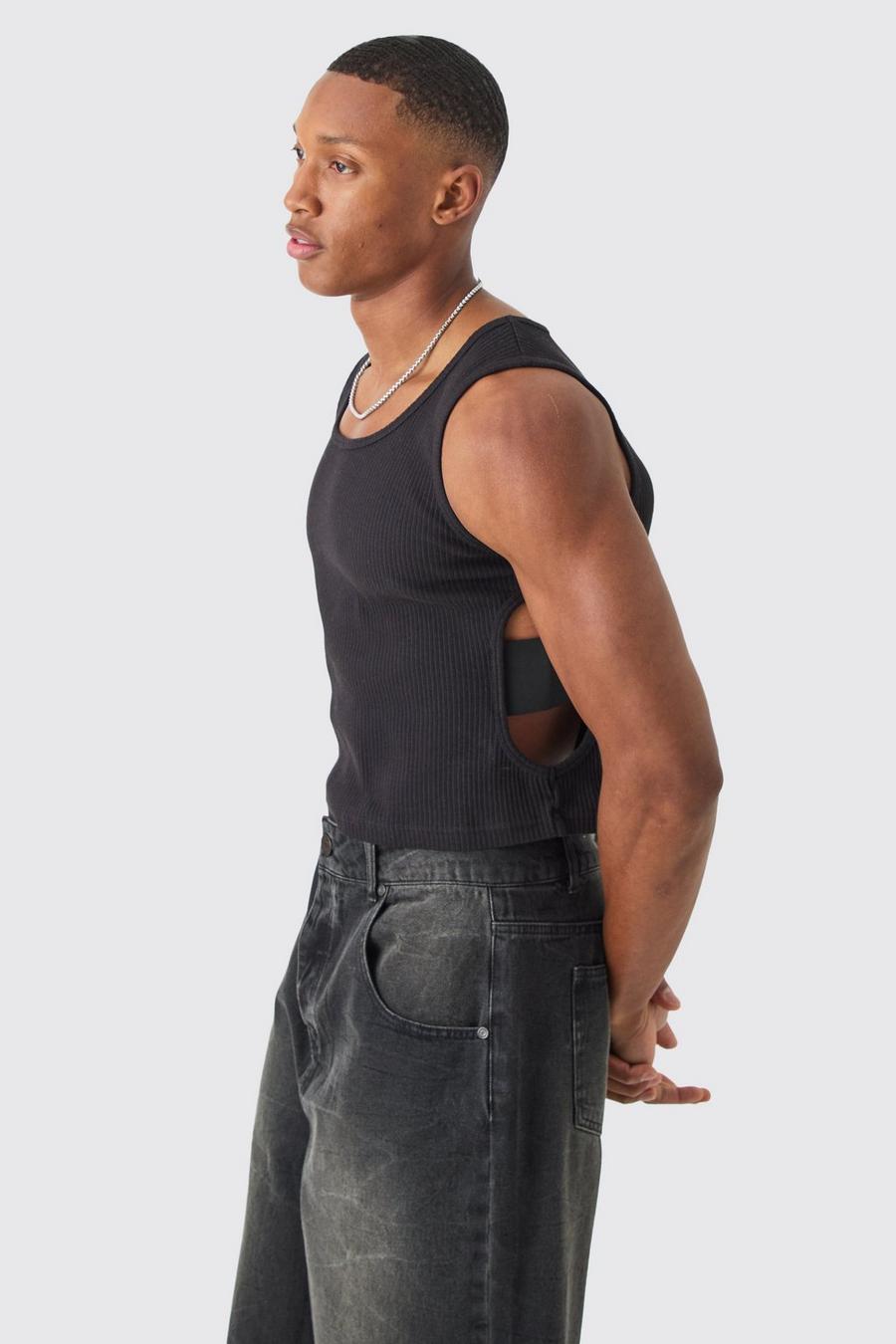 Black Muscle Fit Heavy Rib Side Panel Vest image number 1