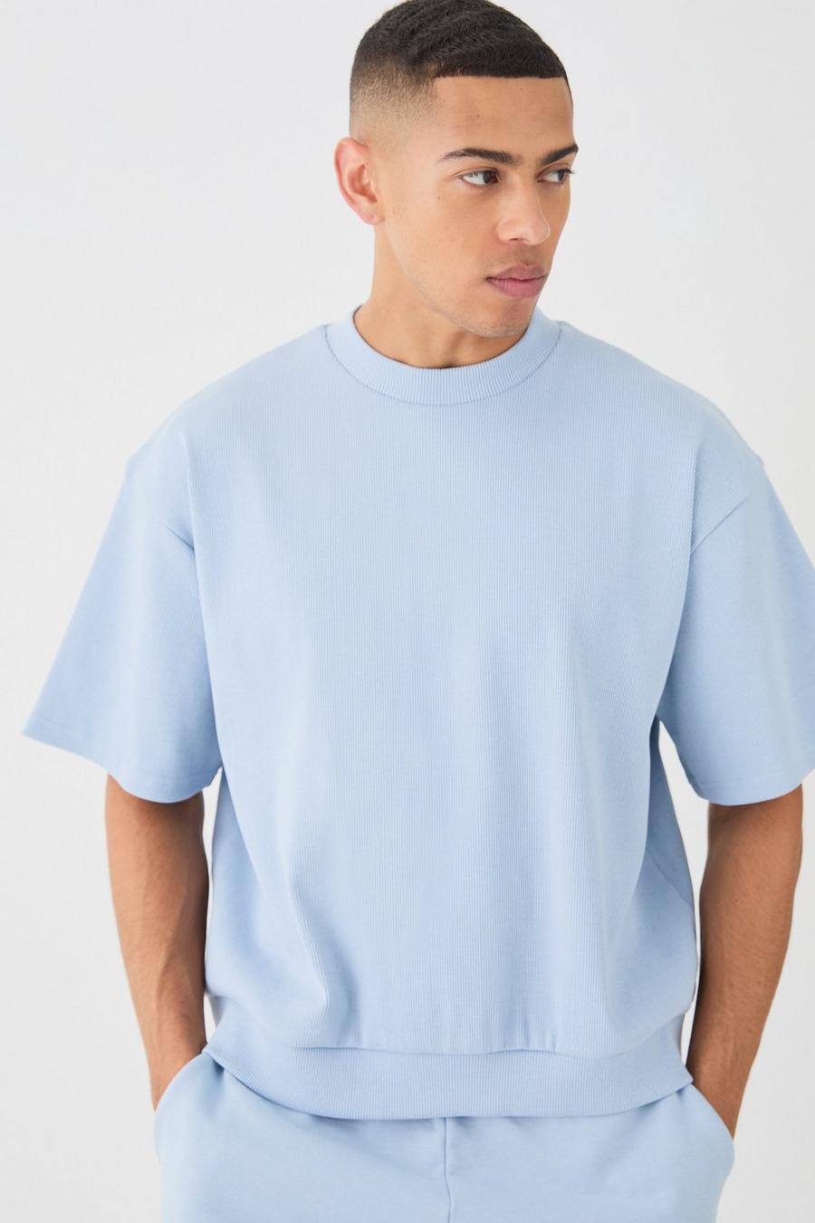 Sky blue Oversize ribbad kortärmad sweatshirt i tjockt tyg image number 1