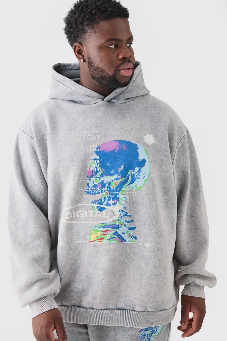Plus Oversized Washed Graphic Hoodie, Charcoal