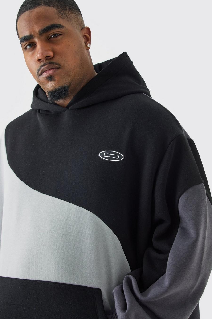 Black Plus Oversized Curved Colour Block Hoodie image number 1