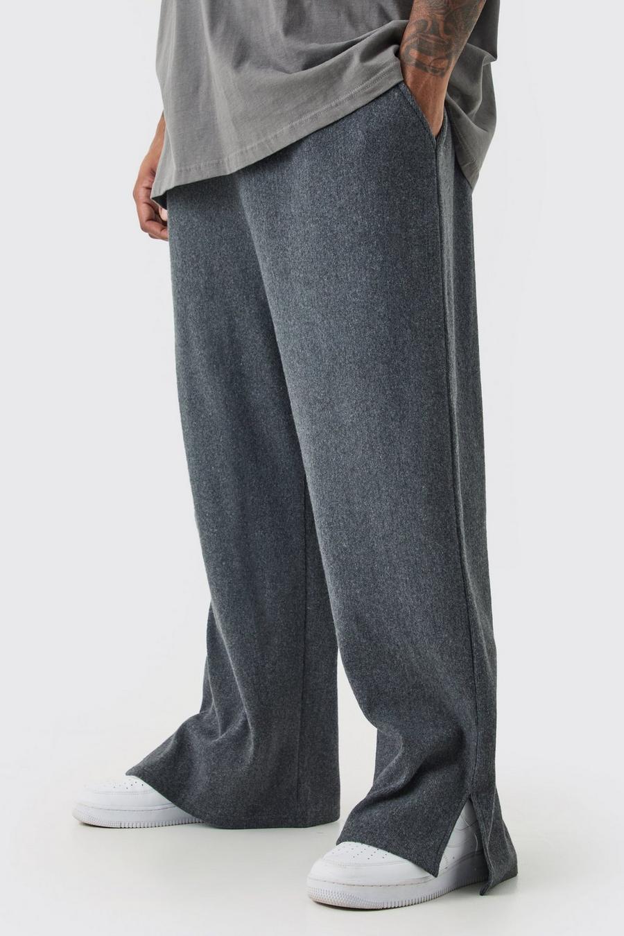 Pantaloni tuta Plus Size a coste spazzolate rilassate con spacco sul fondo, Charcoal