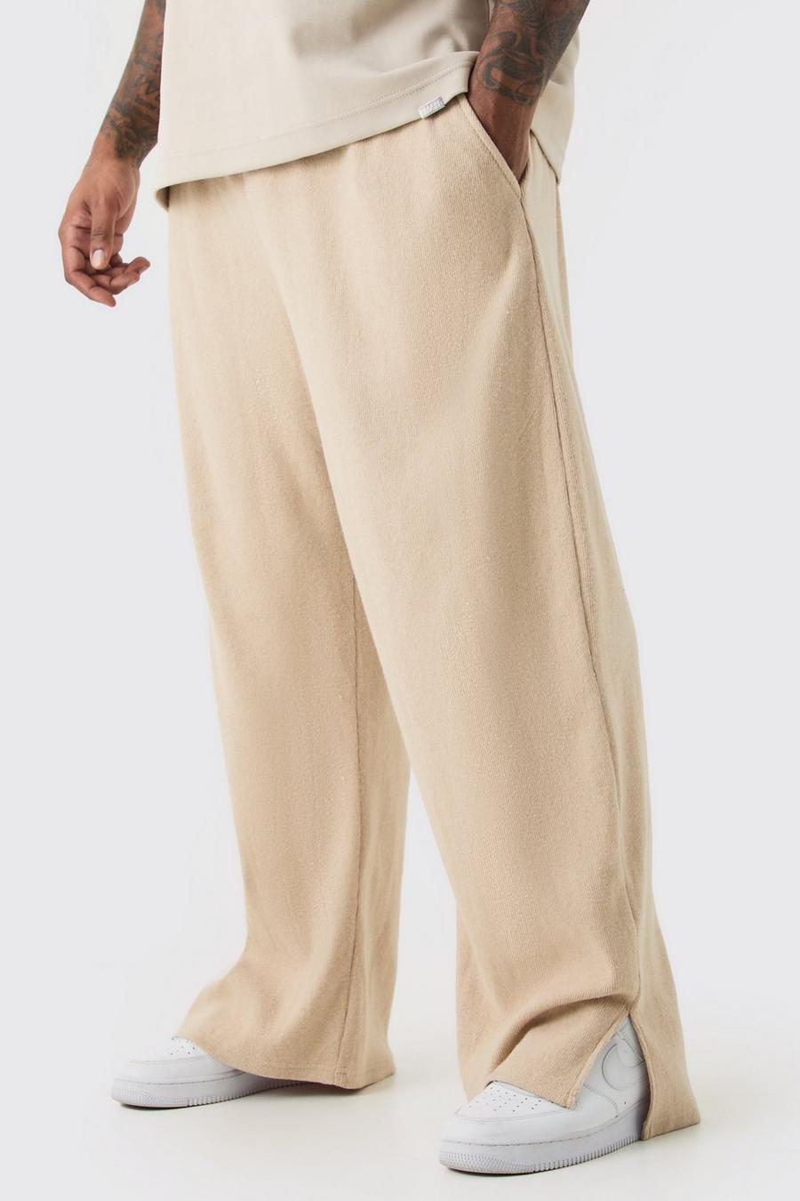 Pantaloni tuta Plus Size a coste spazzolate rilassate con spacco sul fondo, Stone