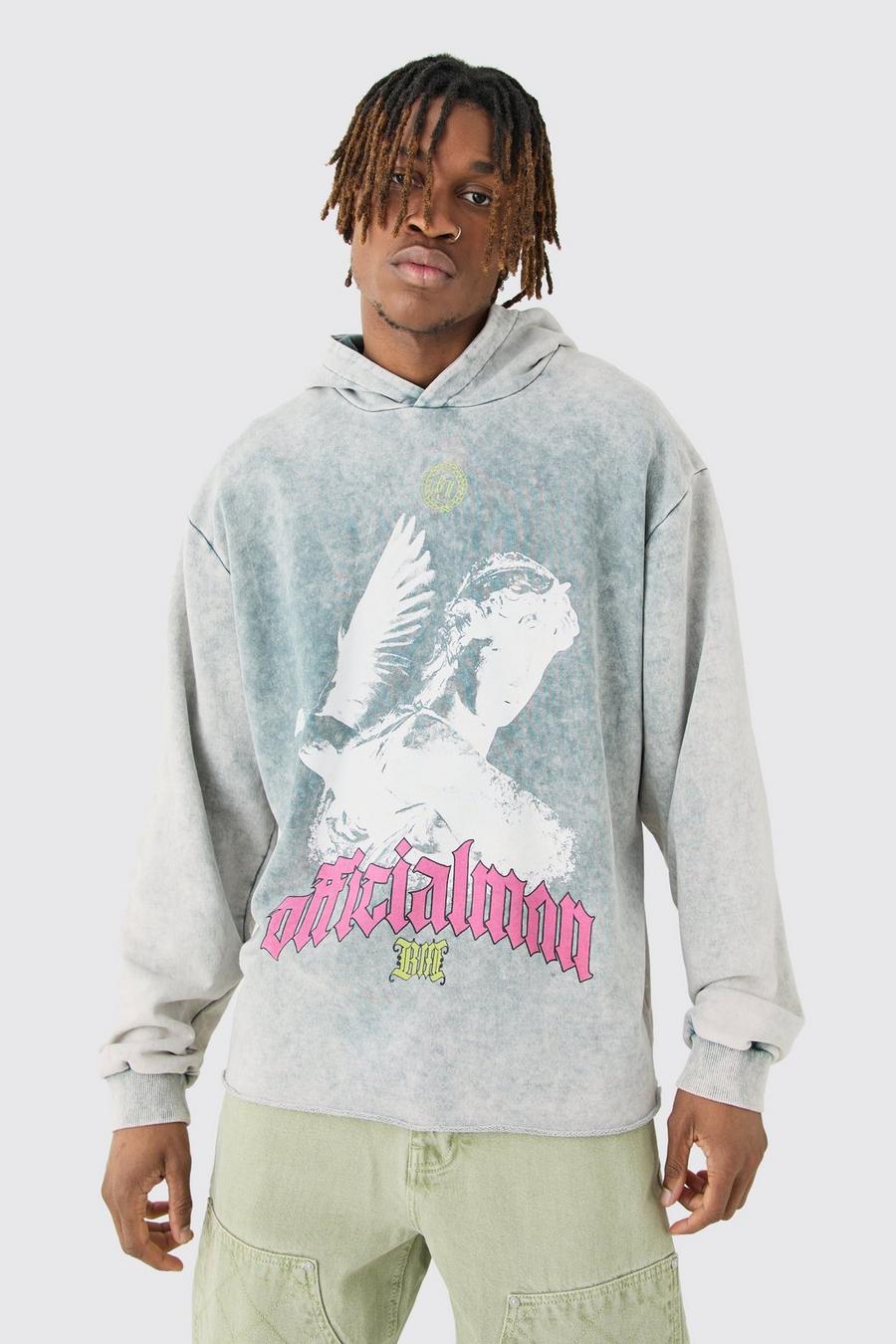 Grey Tall Oversized Boxy Acid Wash Dove Graphic Hoodie image number 1
