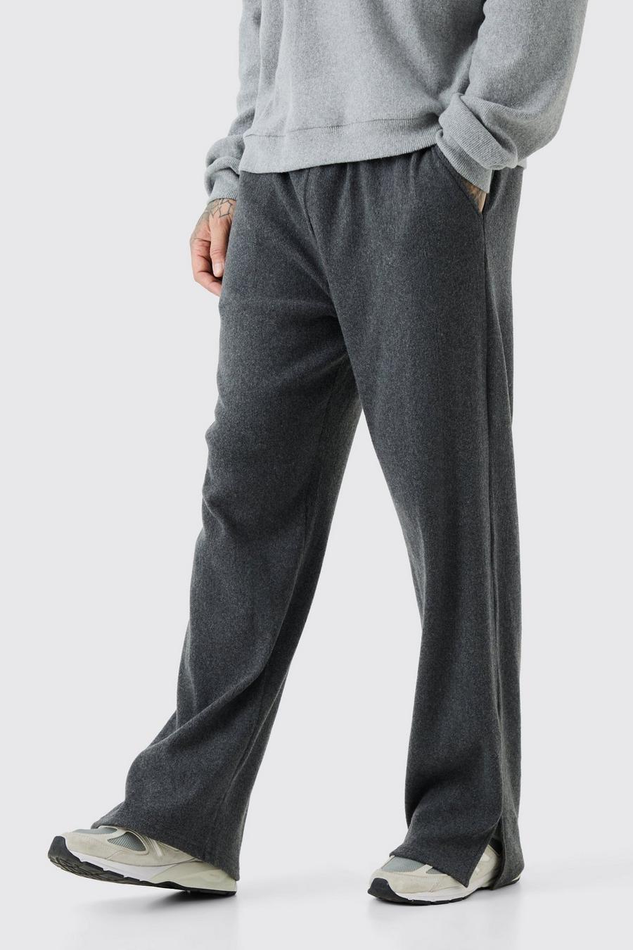 Pantaloni tuta Tall rilassati a coste spazzolate con spacco sul fondo, Charcoal image number 1