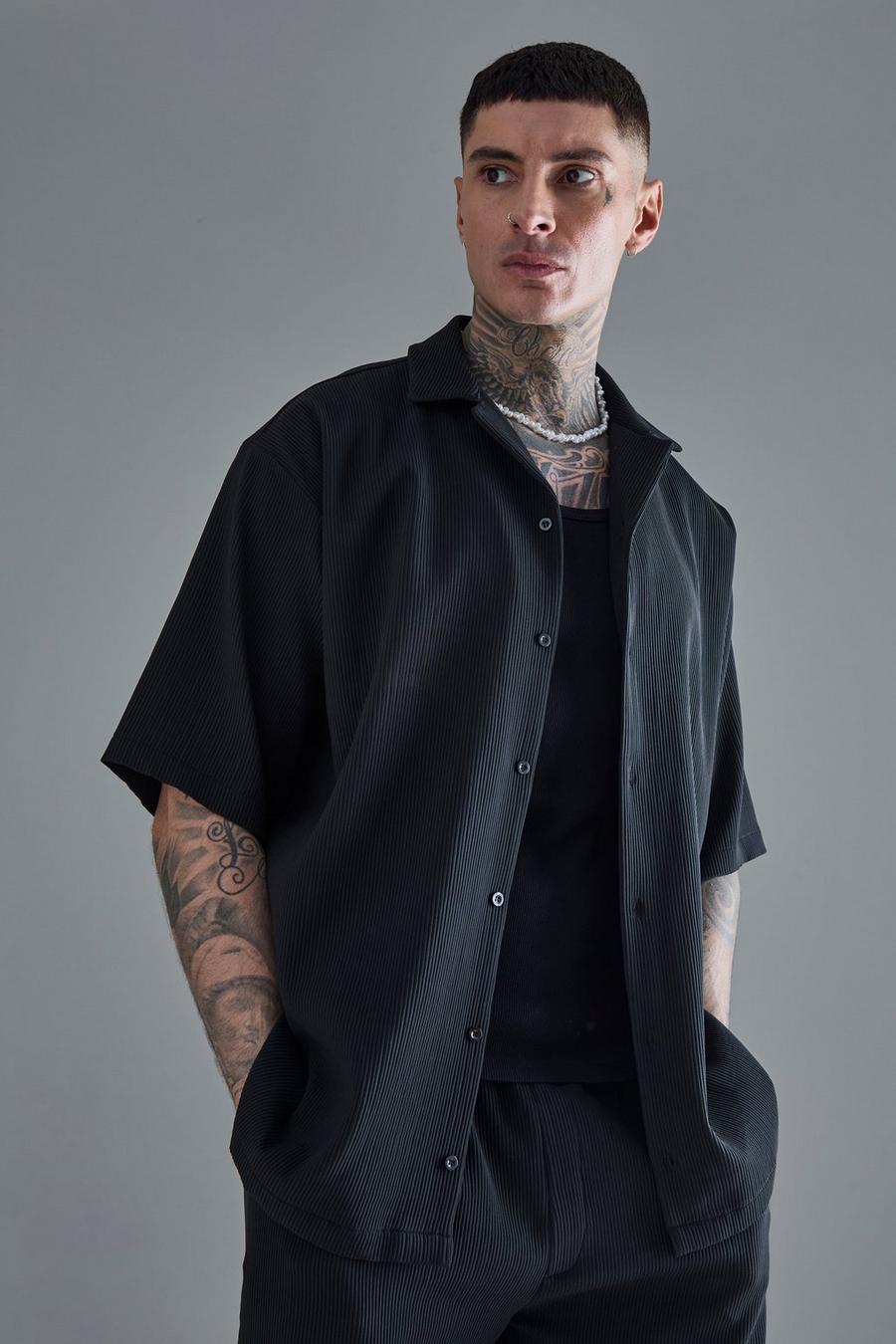 Black Tall Short Sleeve Revere Oversized Pleated Shirt