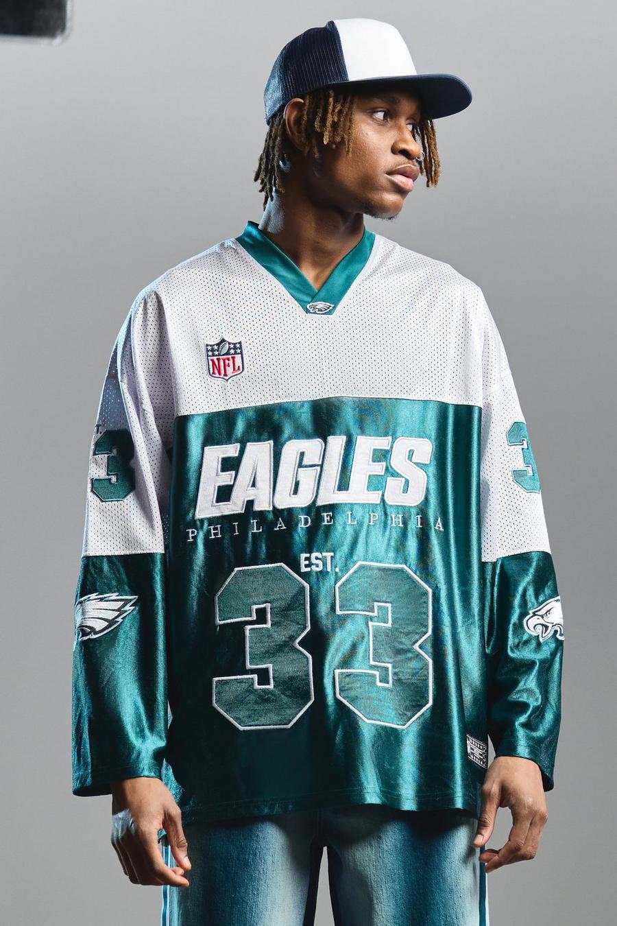Top de manga larga y malla de raso con estampado de fútbol americano NFL Eagles, Teal image number 1