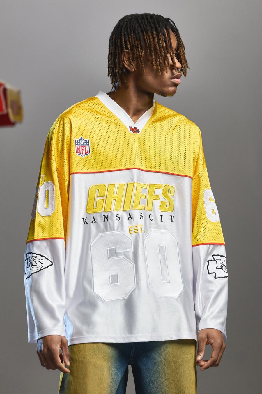 White Nfl Chiefs Football Mesh Satin Long Sleeve License Top image number 1