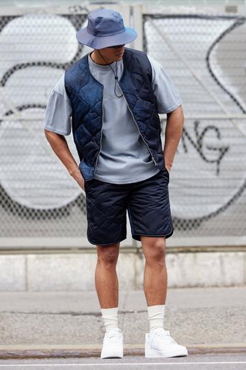 Gewatteerde Acid Wash Gebleekte Bodywarmer Met Stiksels En Shorts Set