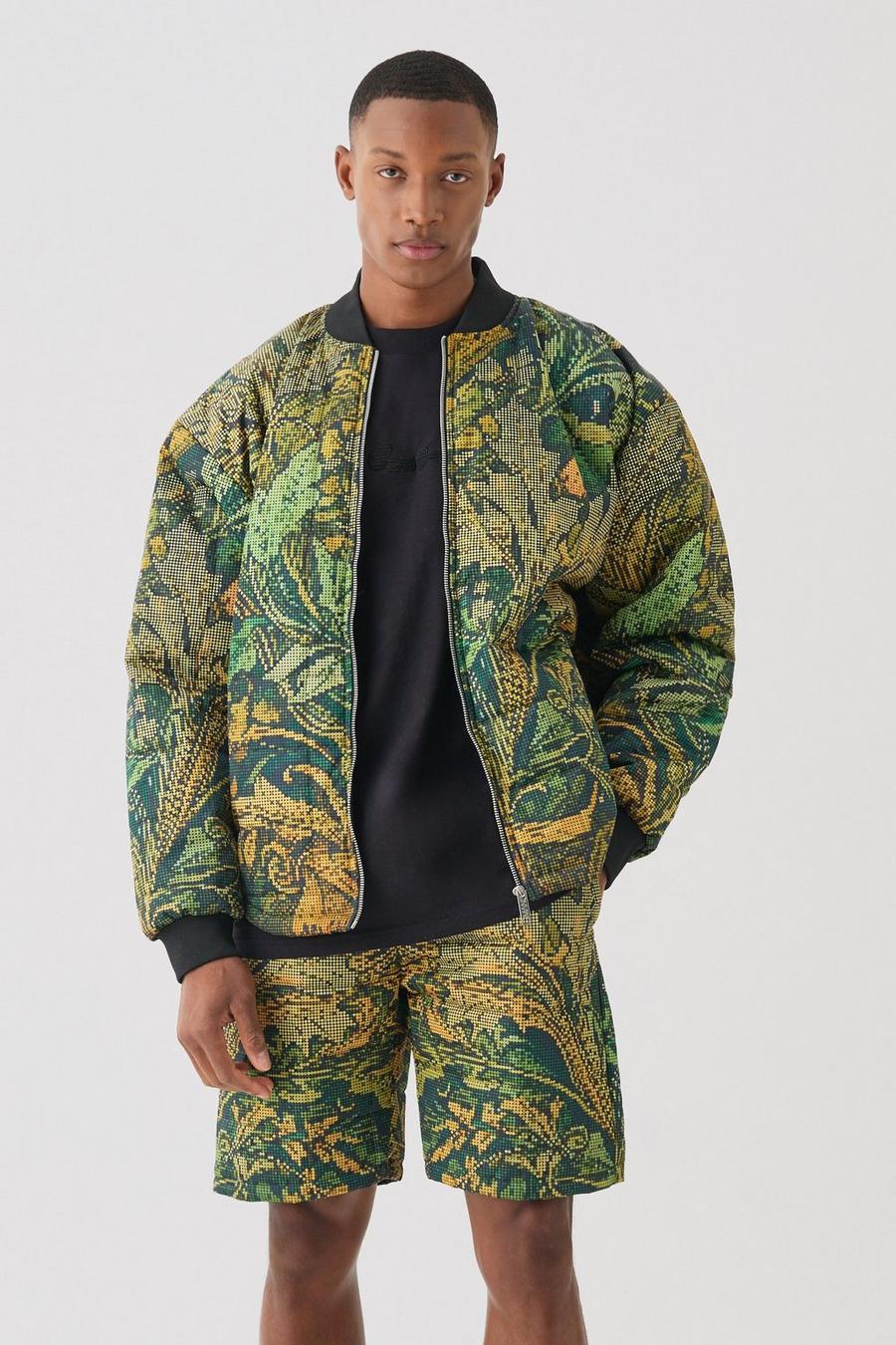 Khaki Square Quilted Tapestry Short & Bomber Jacket Set image number 1