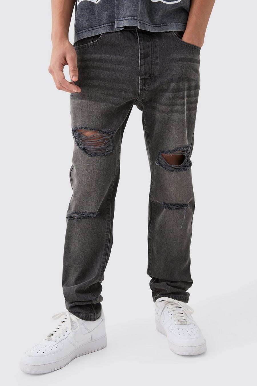 Jeans Slim Fit in denim rigido color antracite con strappi all over, Charcoal image number 1